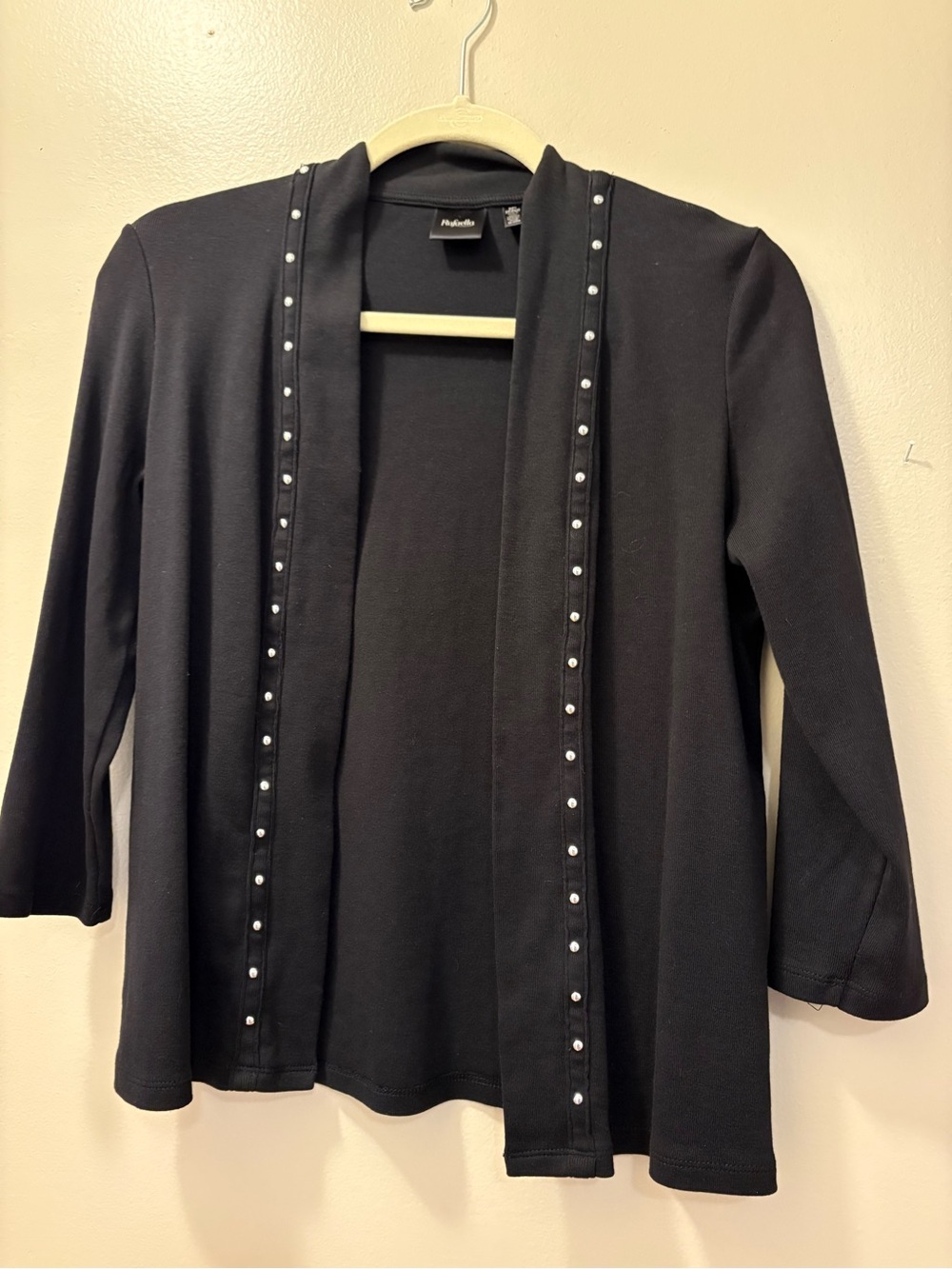 Rafaella Petite S Jet Black 100% Cotton Metal Studded Open Front Cardigan
